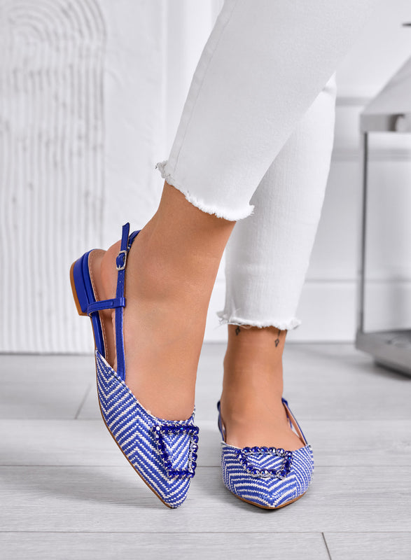 JONES - Ballerine blu slingback con punta a V e fibbia gioiello