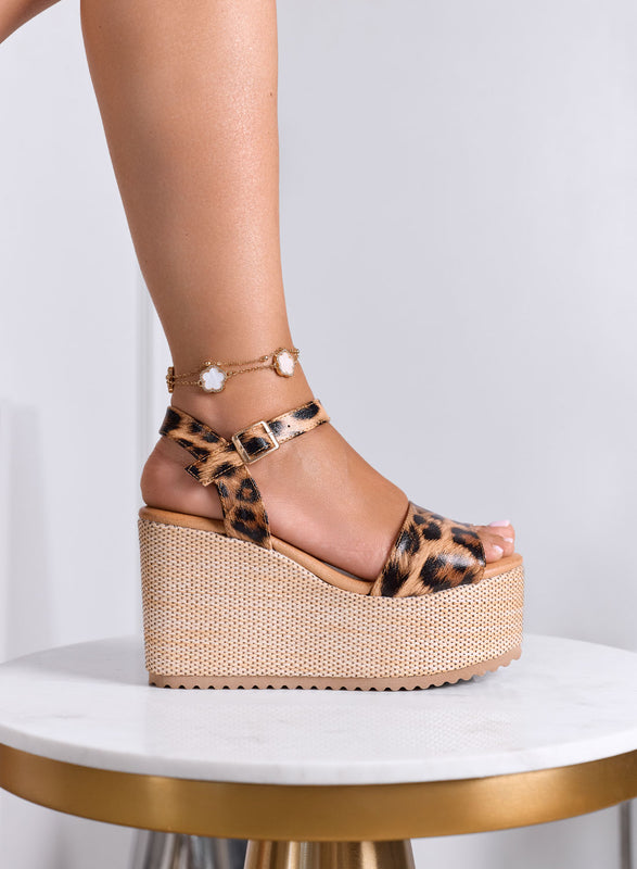 SERENITY - Leopard print wedge sandals with ankle strap