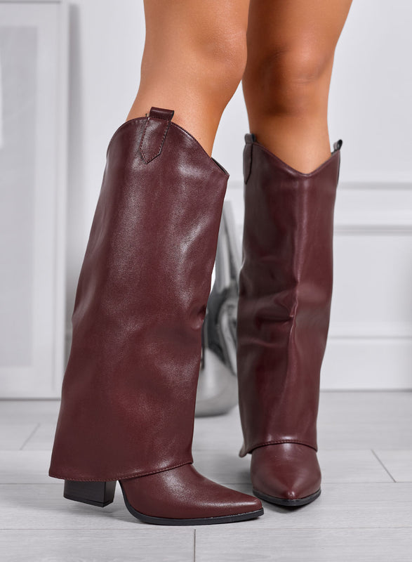 DILETTA - Bottes bordeaux style cowboy avec revers et talon haut