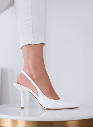 NAOMI - White Patent Pointed Toe Slingback Pumps with Heel