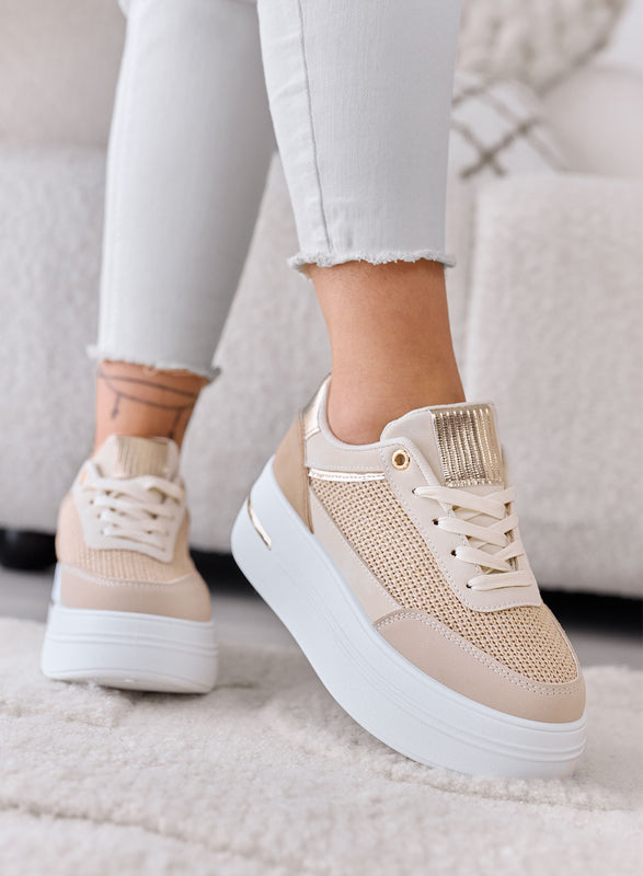 SONIA - Mud sneakers with gold laminated fabric inserts