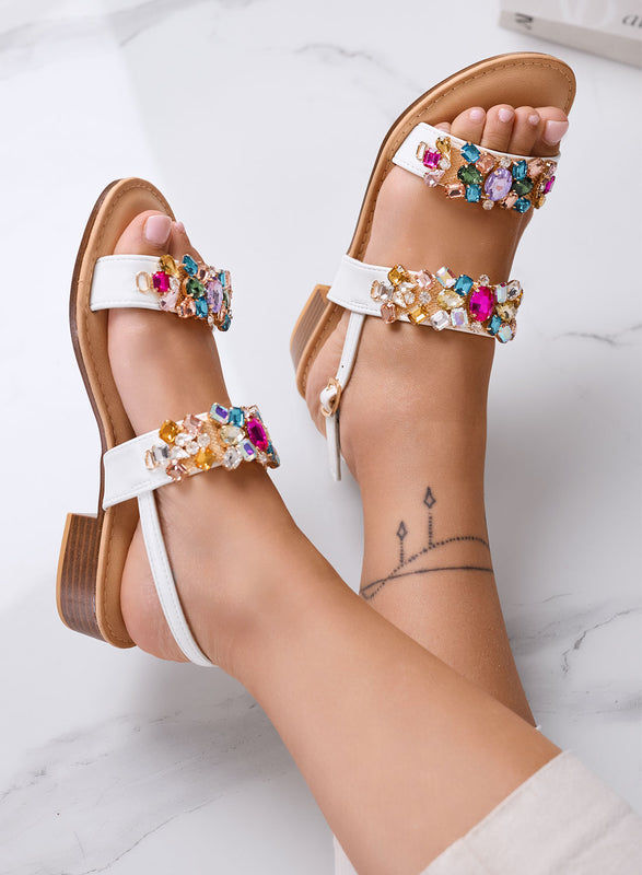 DEBORA - Sandali Gioiello Bianchi con Pietre Multicolor