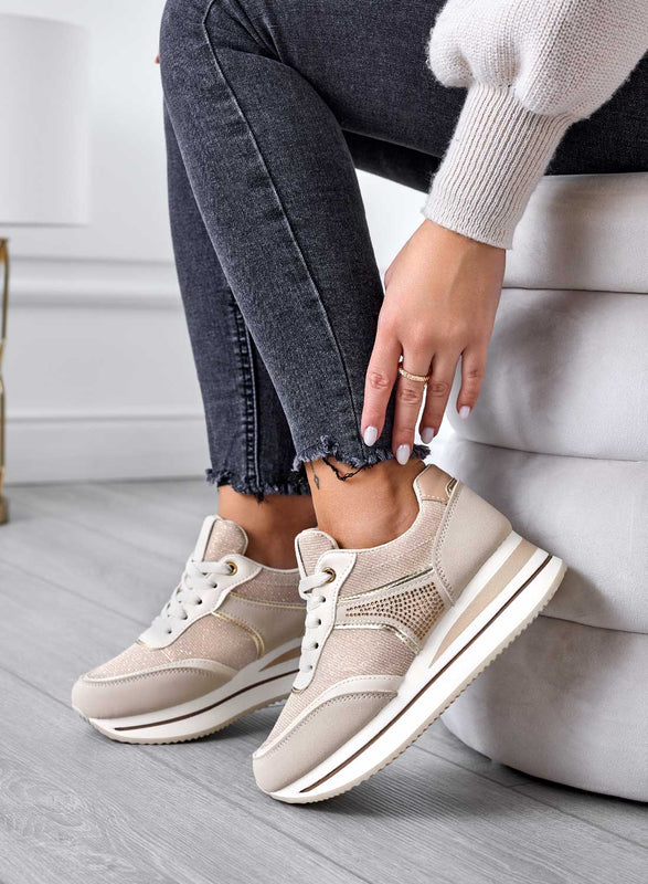 Baskets beiges avec empiècements pailletés
