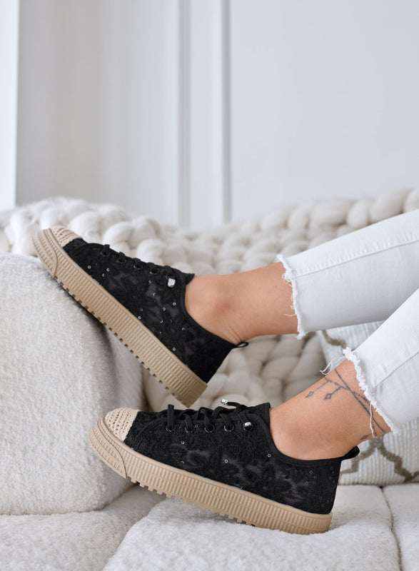 KISHA - Black Lace Sneakers with Transparent Effect