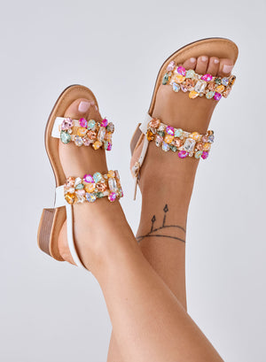 DIAMOND - Sandales blancs plats avec pierres multicolores et bride