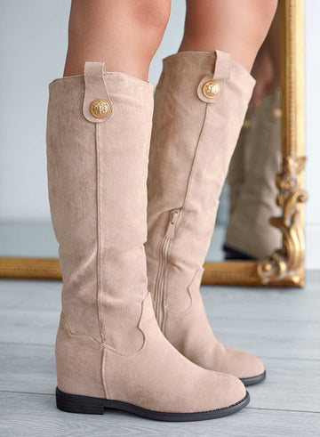 ROYAL - Bottes Alexoo beige avec talon compensé intérieur et bouton doré
