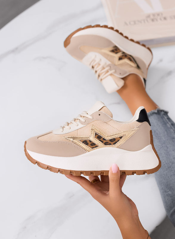 CLARISSA - Baskets beiges avec détail léopard et semelle épaisse
