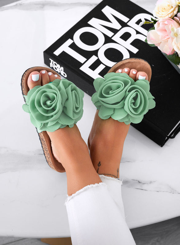 SUMMER - Mint green slide sandals with applied flowers