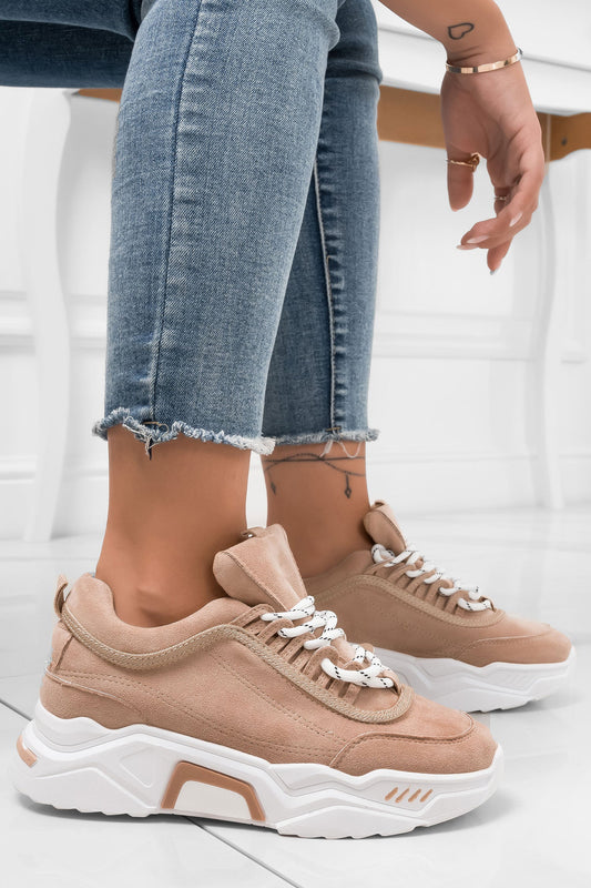 DELIZIA - Baskets en daim beige avec lacets