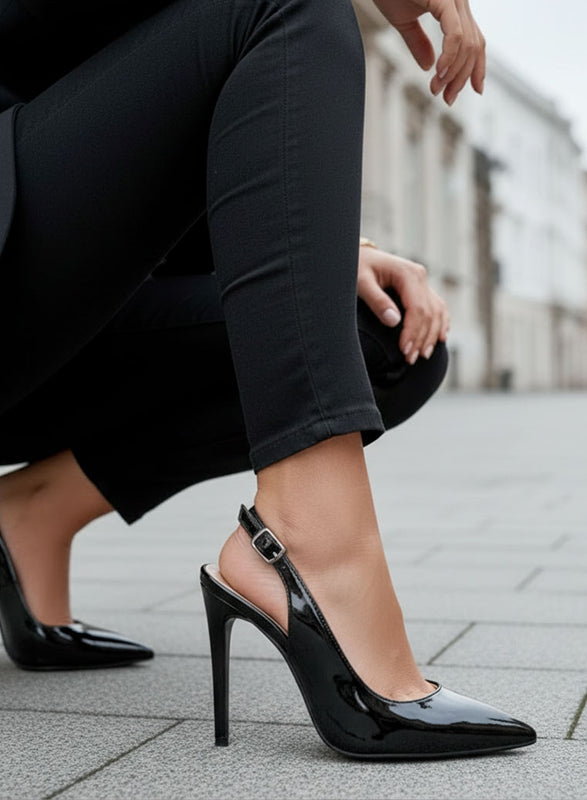 SHADOW - Zapatos de salón negros de charol con correa slingback y tacón de 12 cm