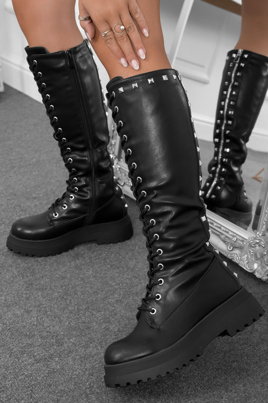 WALTER - Bottes amphibies noires avec clous et fermeture éclair arrière