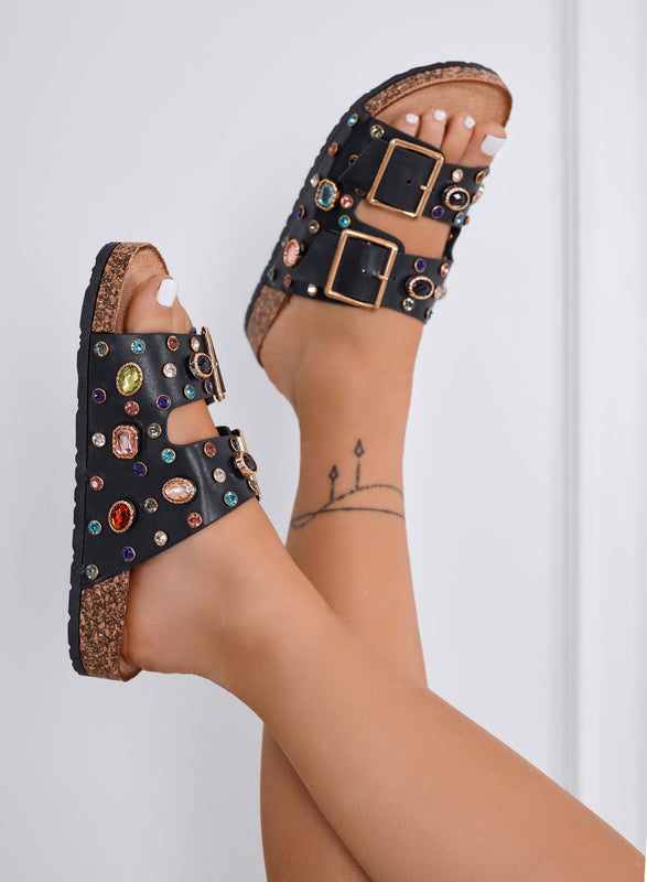 HELENA - Sandales noirs Mules avec pierres colorées et grandes boucles dorées