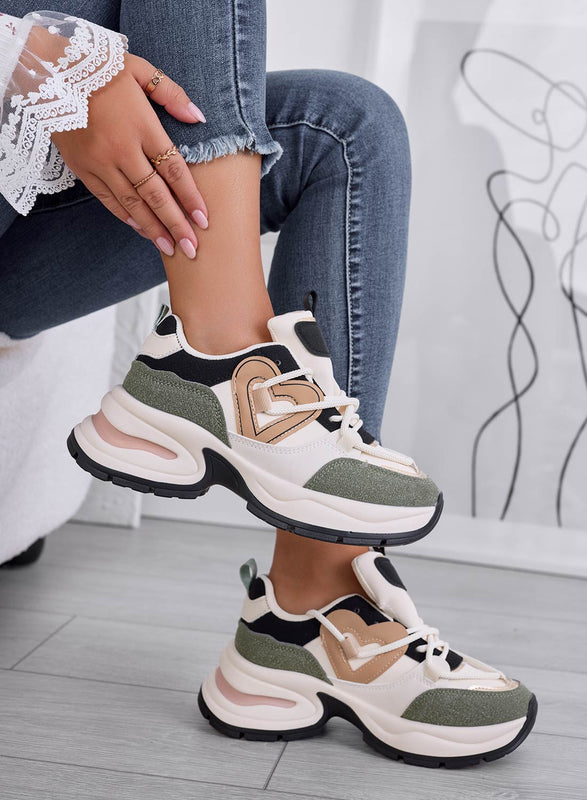 NARA - Beige sneakers with wedge and mud-colored heart