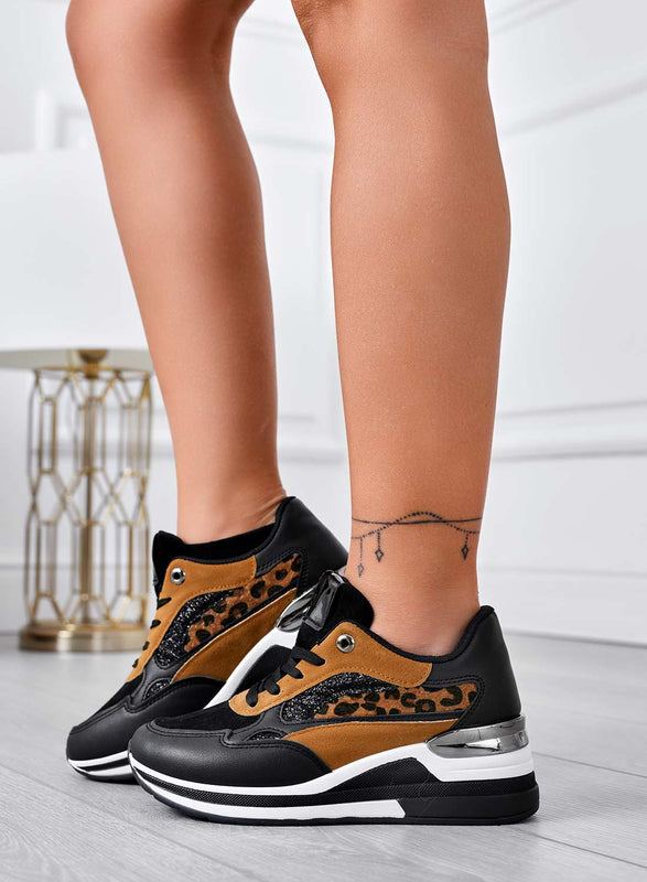 Baskets noires avec empiècements pailletés et imprimé léopard