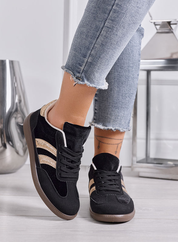 AGNESE - Sneakers Donna nere in Velluto con Dettagli oro