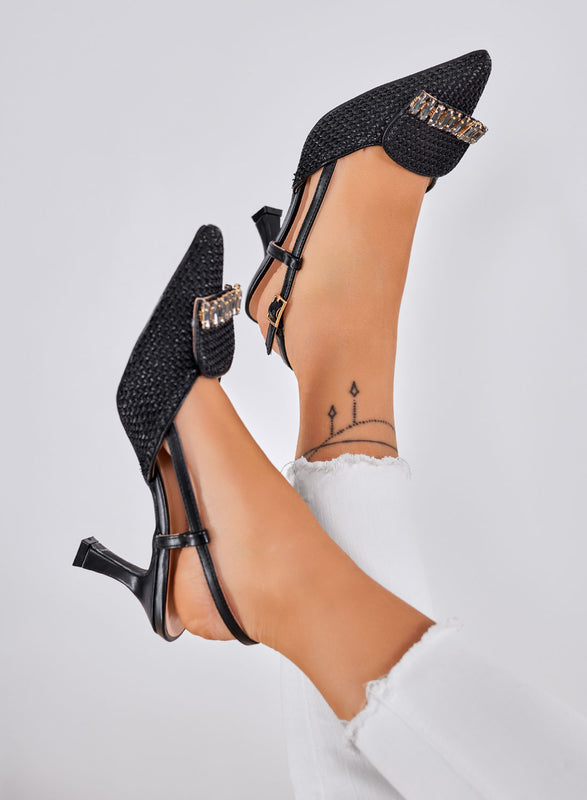RUSH - Escarpins noirs Slingback tressés avec ornement bijou