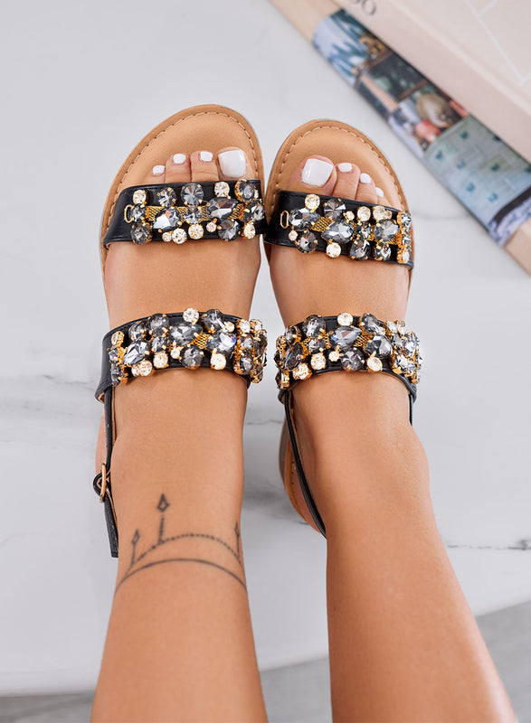 VITTORIA - Black jeweled sandals with low heel and rhinestones