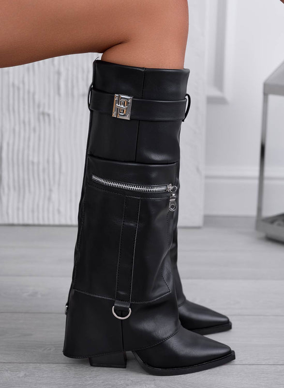 Black boots with cuff and zipper