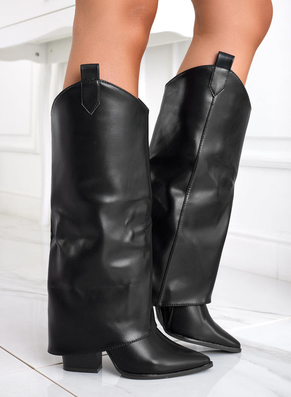 DILETTA - Bottes camperos noires à revers et talons hauts