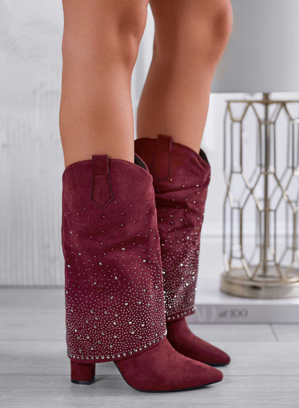 PAIGE - Bottes bordeaux style camperos avec strass