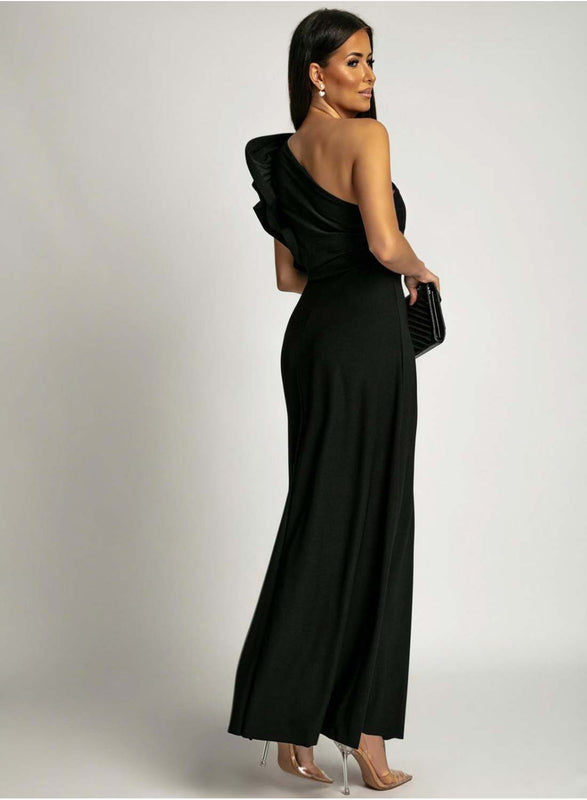 Robe longue noire asymétrique à une épaule