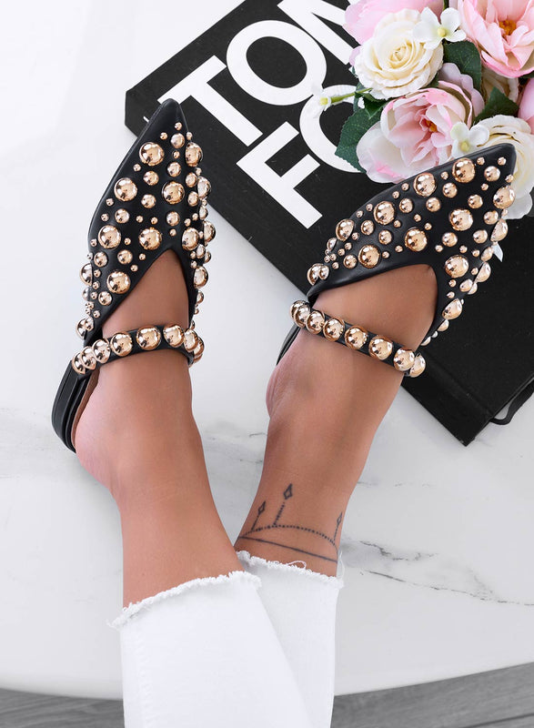 WILDA - Ballerines mules noires à bout pointu et studs boules