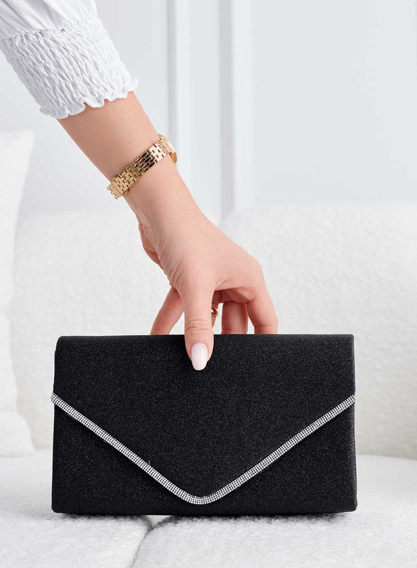 Pochette noire pailletée avec bord en strass B235