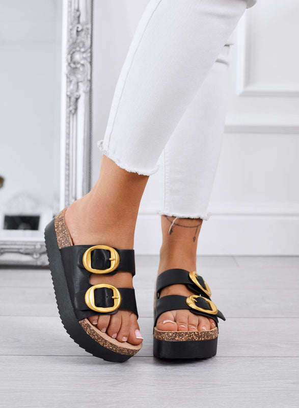 SOFIA - Sandales noirs Mules à plateforme avec double boucle dorée