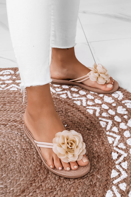 BARTH - Sandales à lanières beige avec fleur appliquée