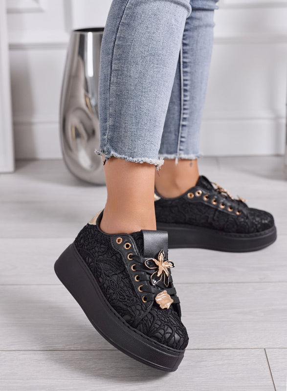 HOPE - Sneakers Donna nere in Pizzo con Applicazioni Floreali Oro