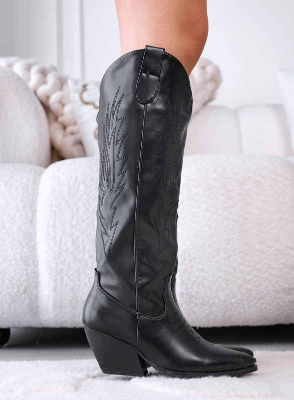 ELLA - Stivali camperos neri in finta pelle con ricamo