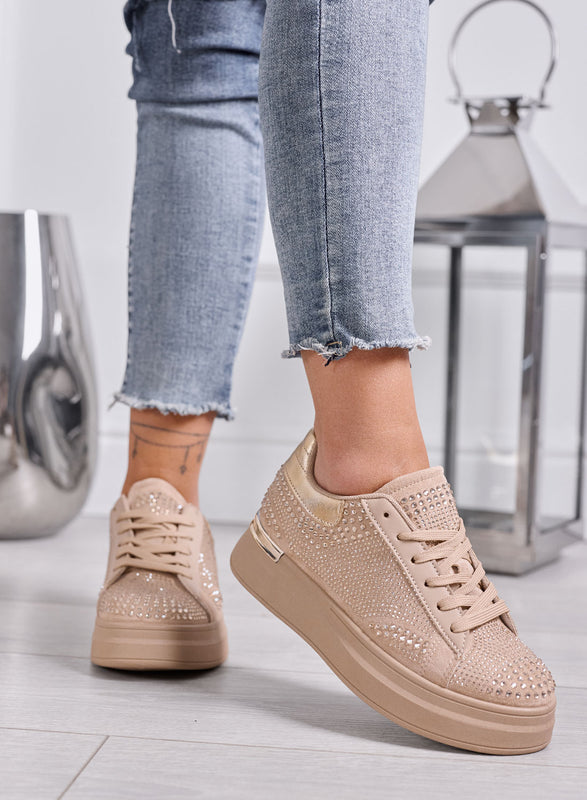 ORNELLA - Sneakers Donna Beige con Strass e Suola Platform