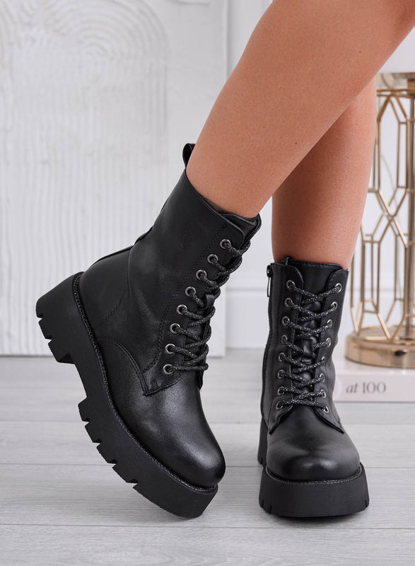 TRACY - Bottines noires style militaire avec lacets métallisés