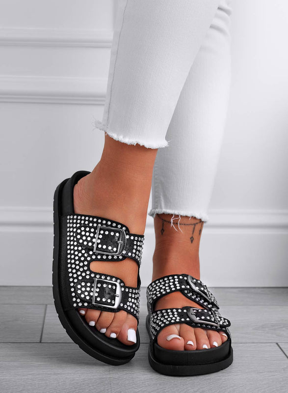 GASPER - Sandales mules noirs avec boucles et strass