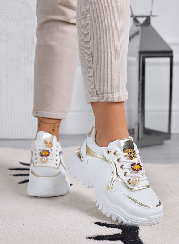ADAMS - Baskets femme blanches à semelle épaisse et détails bijoux dorés