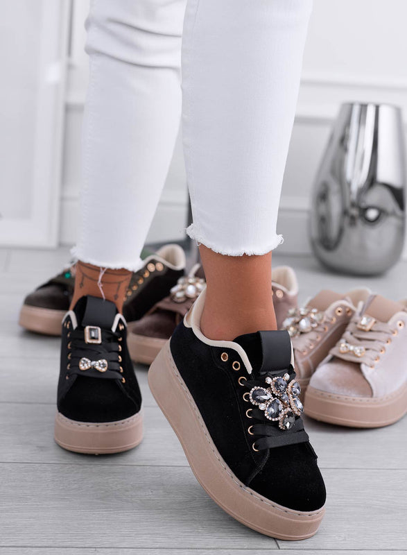 MILA - Baskets noires en velours avec application bijou