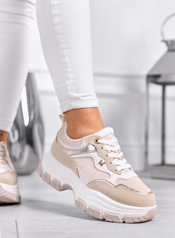 DELIA - Sneakers Beige con Dettagli Oro e Suola Chunky