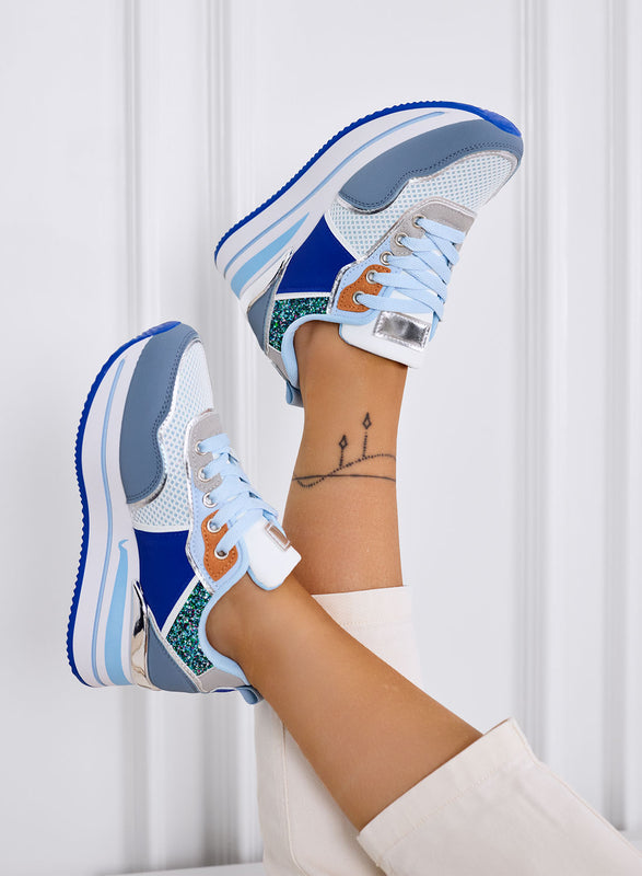 VALDA - Baskets bleues à semelle épaisse et inserts pailletés
