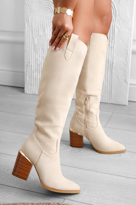 CORDELIA - Bottines en daim beige à talon imitation bois