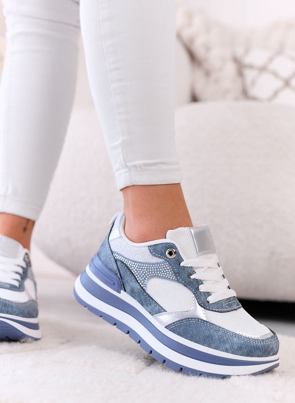 ALBA - Blue Denim Sneakers with Rhinestones and Platform Sole