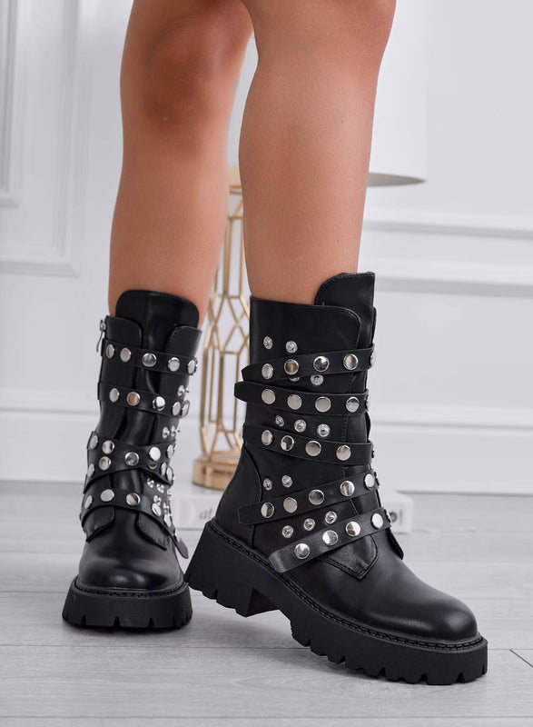 ISADORA - Bottines biker noires à studs sphères argentées