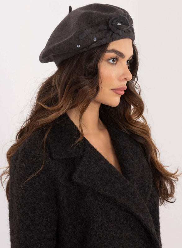 Gray beret hat with rhinestones