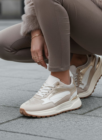 DONATA - Baskets beige et or avec détails métallisés et semelle plateforme