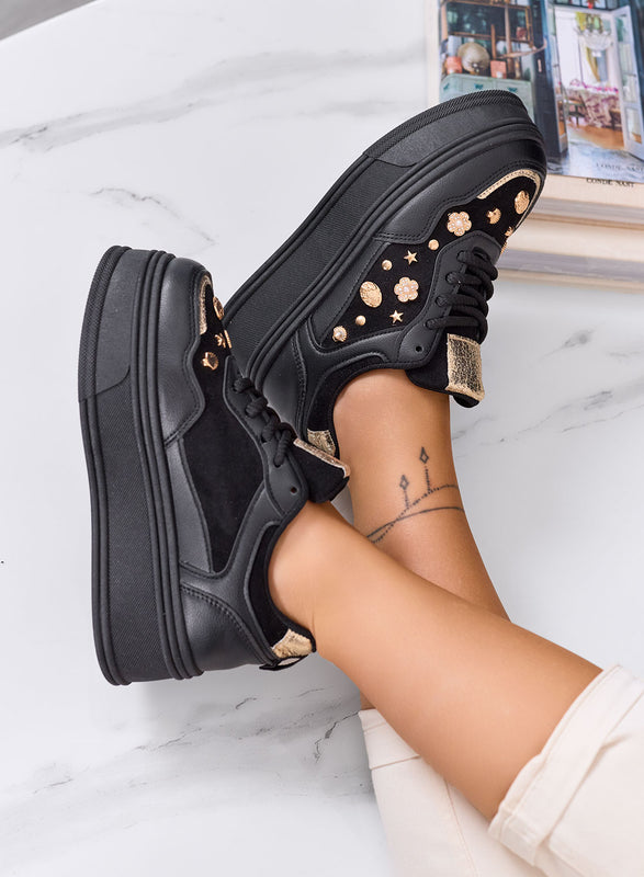 AIDA - Sneakers platform nere con decorazioni oro