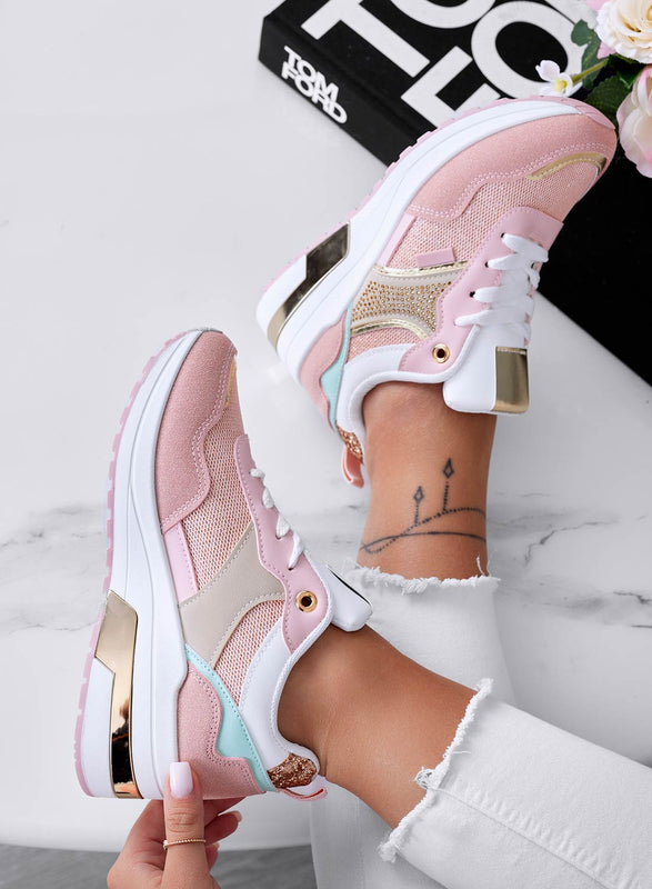 Pink wedge sneakers with gold inserts