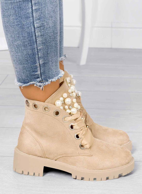 LEANNA - Bottes Alexoo basses beiges avec perles et pierres