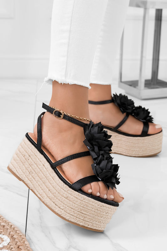 JANIS - Sandales espadrilles noires en satin avec fleur appliquée