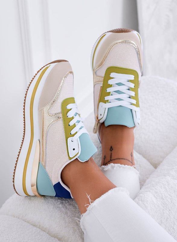JOYCE - Baskets beiges avec inserts dorés et fermeture éclair latérale