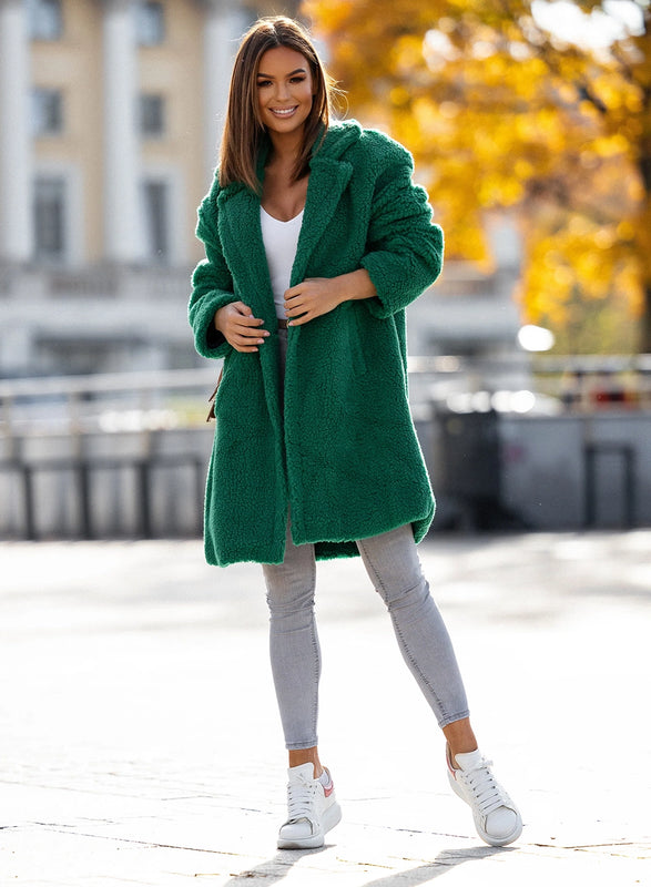 Green teddy coat with pockets and button