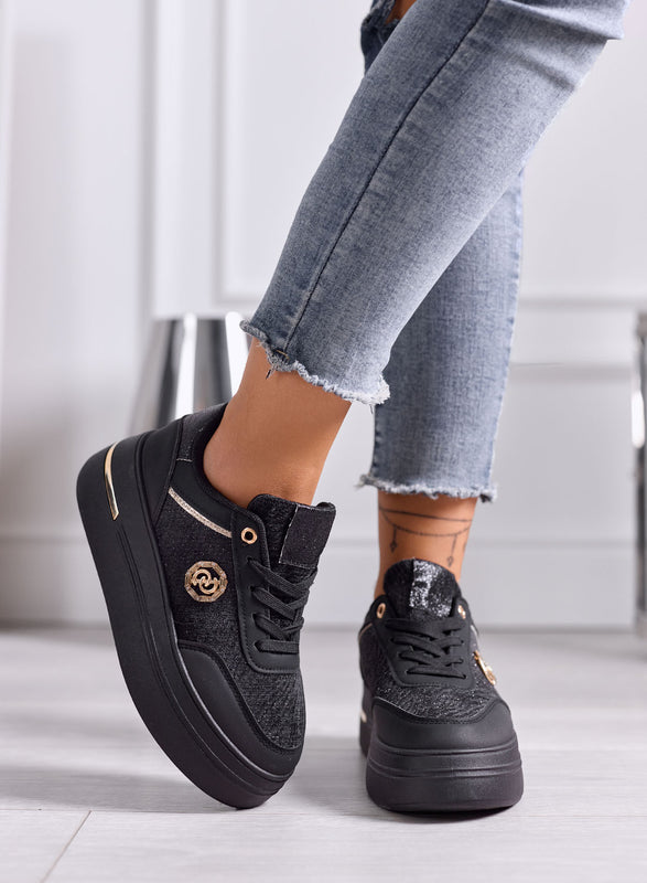 CARLA - Sneakers Nere Platform con Dettagli Oro e Glitter